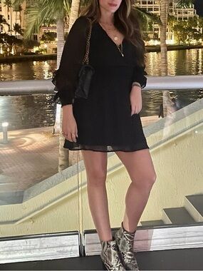 Women's Black V-Neck Long-Sleeve Mini Dress